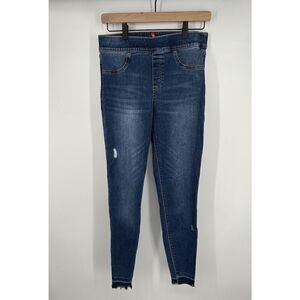Spanx Distressed Ankle Skinny Jeans Size M Medium Wash Pull-On Raw Hem